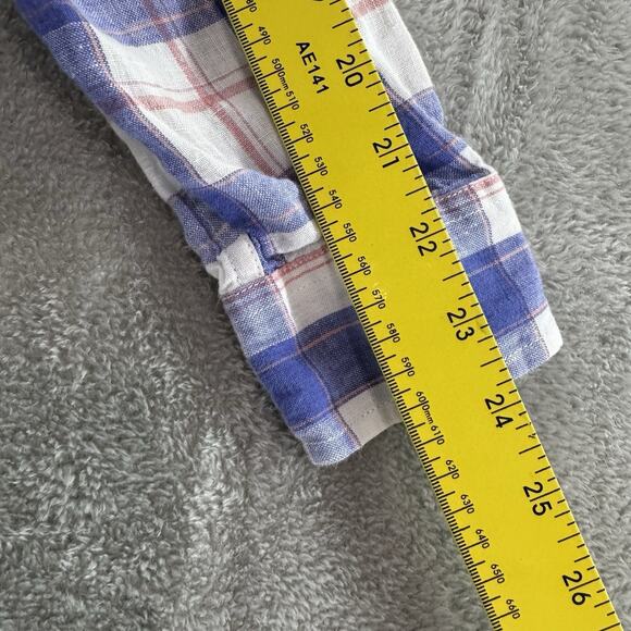 LLBean Top Womens S Blue Plaid Linen Button Up Shirt Long Sleeve Collared - Picture 11 of 14